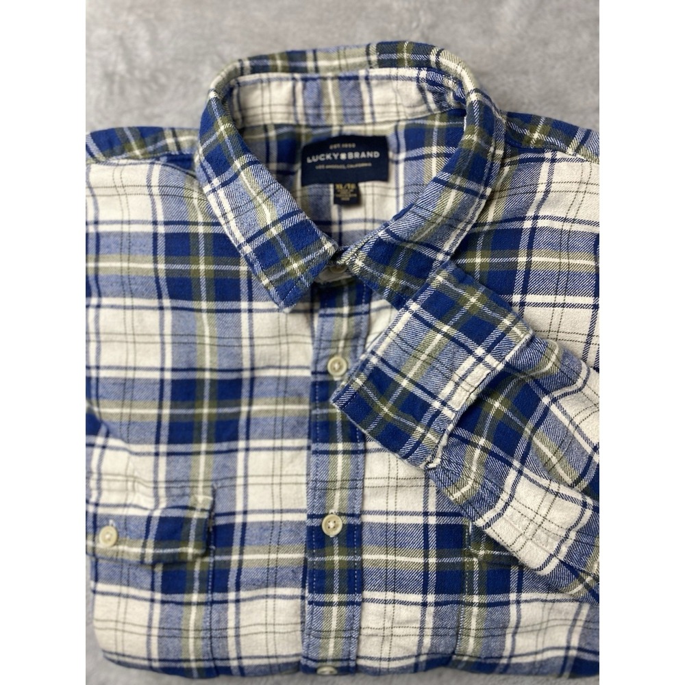 Lucky Brand Men's XL Saturday Stretch Flannel Shirt Blue Cream Grn Plaid Pockets